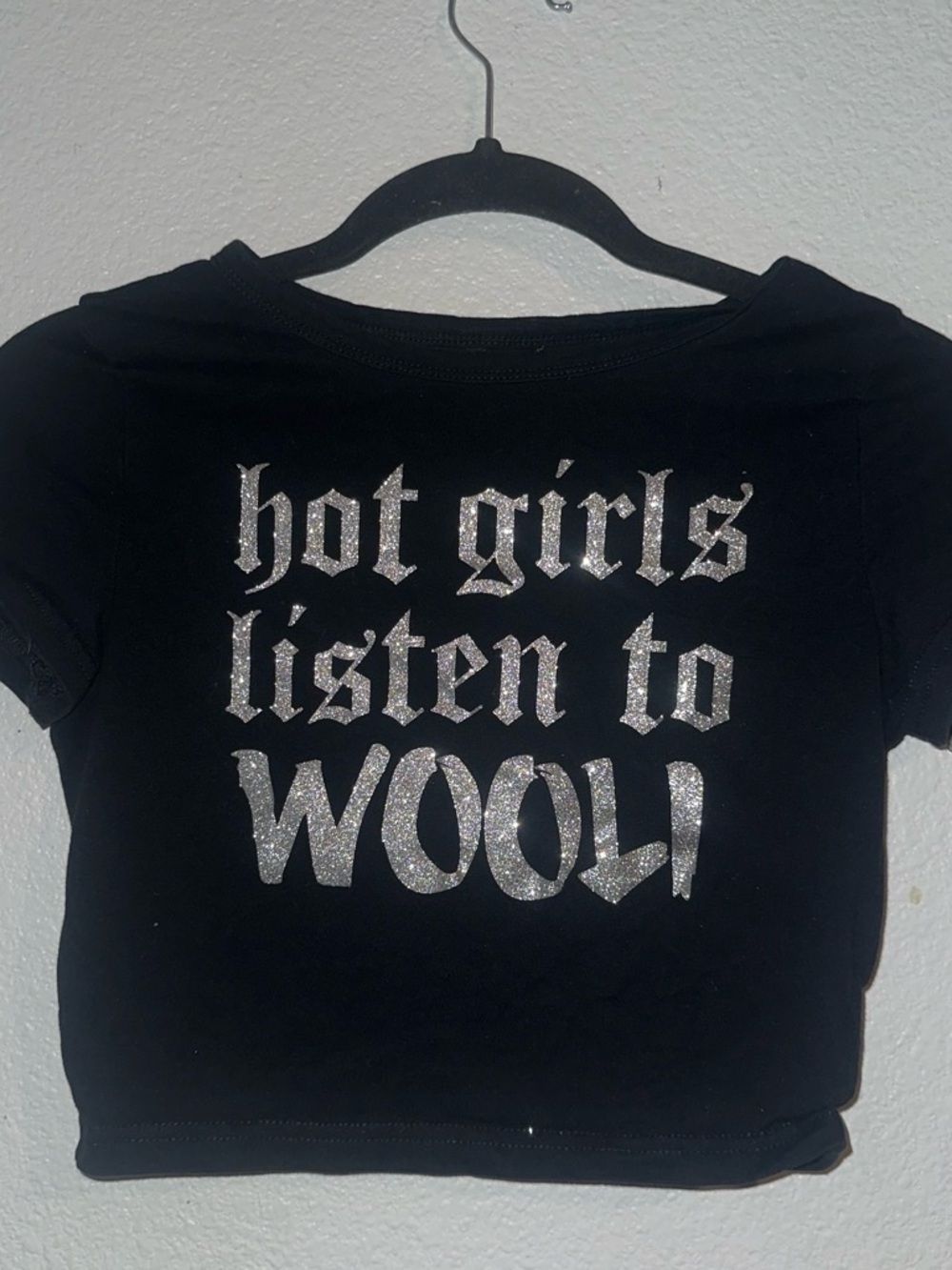 Women's Black Crop Tee with Silver Glitter Graphic